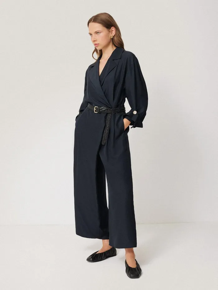 Women Silk Relaxed Wrap Jumpsuit Navy Jigsaw Party