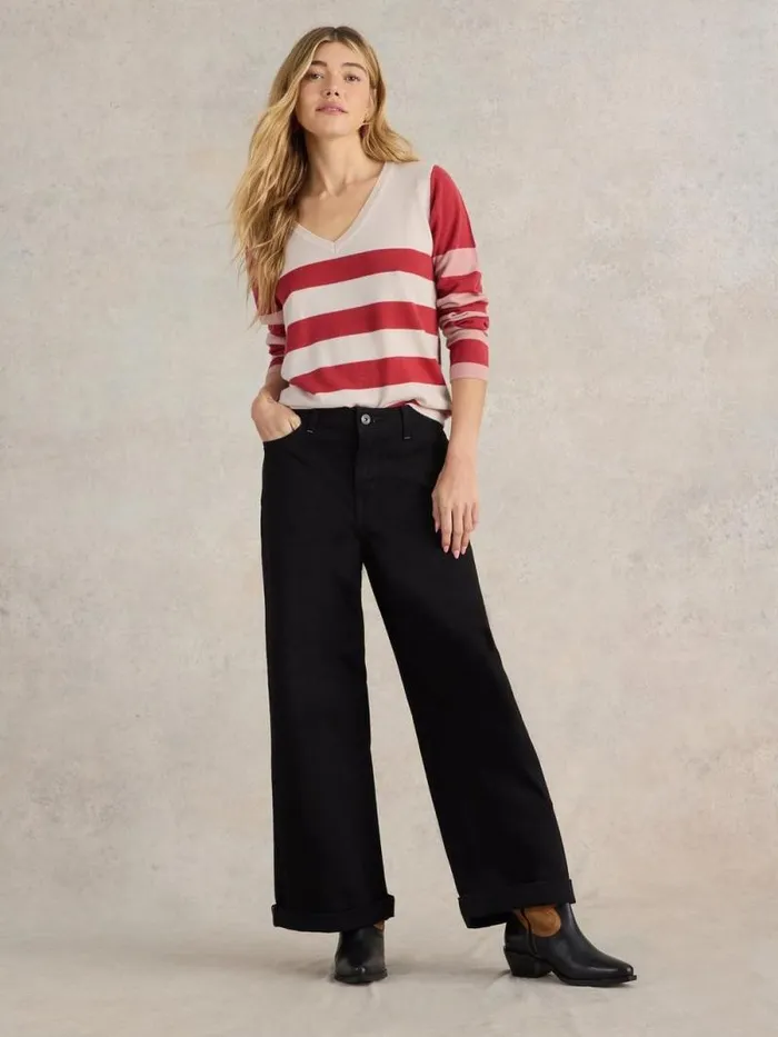 Women STRIPE V NECK MERINO JUMPER Plum Multi White Stuff Knitwear
