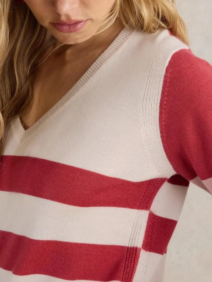 Women STRIPE V NECK MERINO JUMPER Plum Multi White Stuff Knitwear Women STRIPE V NECK MERINO JUMPER Plum Multi White Stuff Knitwear