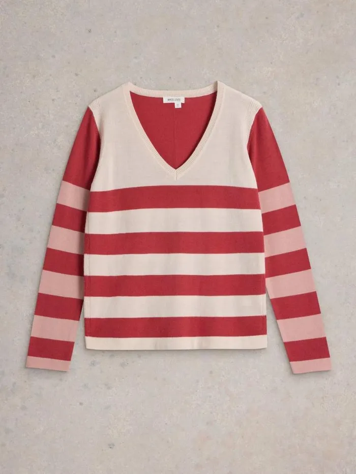Women STRIPE V NECK MERINO JUMPER Plum Multi White Stuff Knitwear Women STRIPE V NECK MERINO JUMPER Plum Multi White Stuff Knitwear