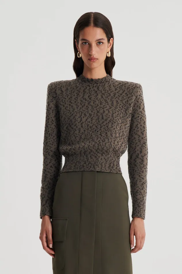 Women Sweaters Scanlan Theodore BOUCLE SHOULDER PAD SWEATER KHAKI Women Sweaters Scanlan Theodore BOUCLE SHOULDER PAD SWEATER KHAKI