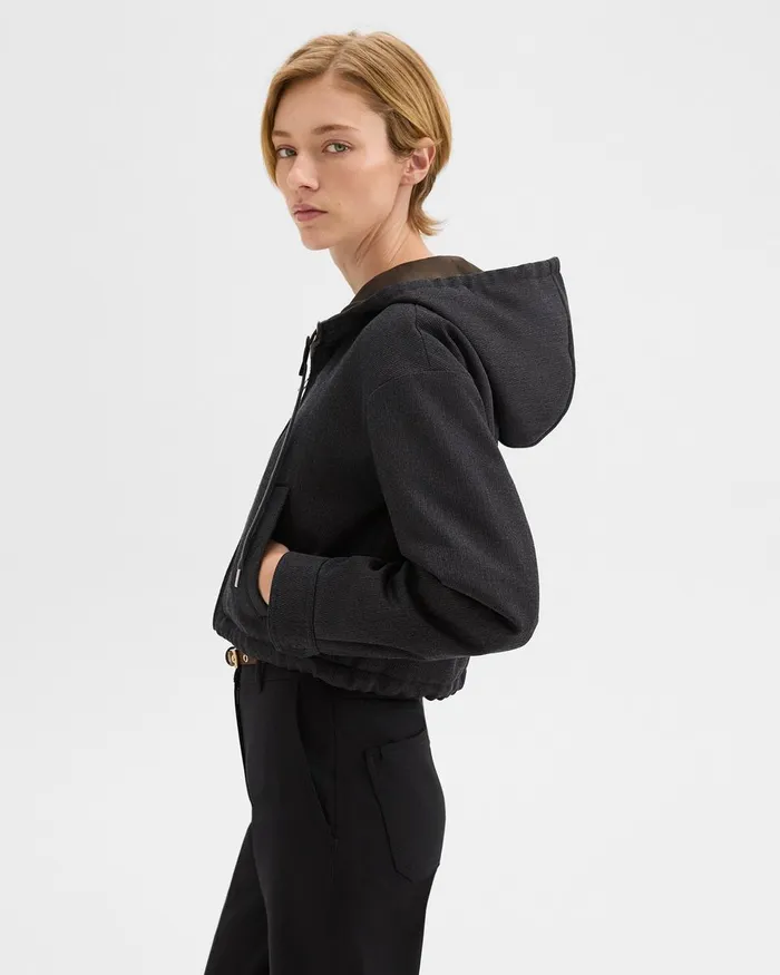 Women Theory Blazers Jackets Cropped ZipUp Hoodie In WoolBlend Twill Charcoal