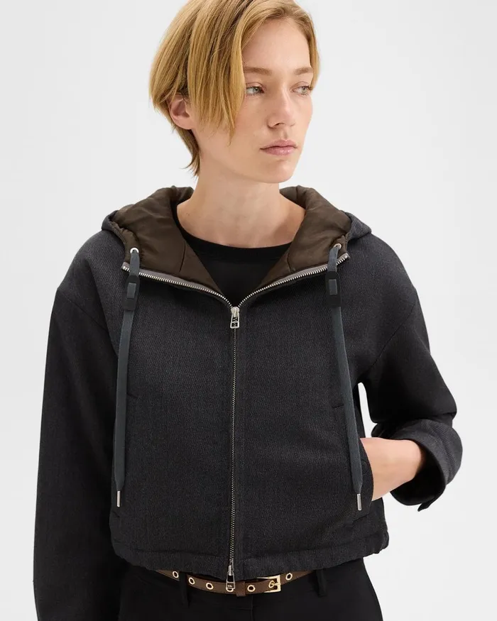 Women Theory Blazers Jackets Cropped ZipUp Hoodie In WoolBlend Twill Charcoal
