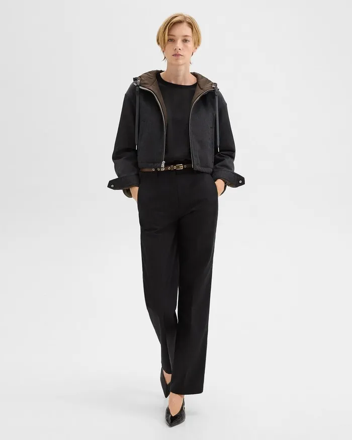 Women Theory Blazers Jackets Cropped ZipUp Hoodie In WoolBlend Twill Charcoal