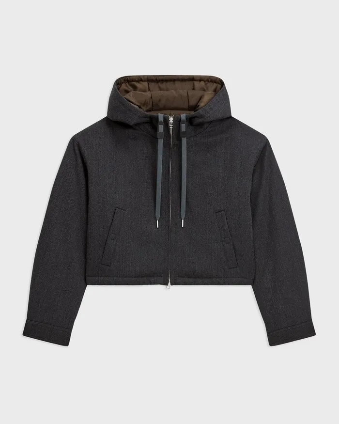 Women Theory Blazers Jackets Cropped ZipUp Hoodie In WoolBlend Twill Charcoal