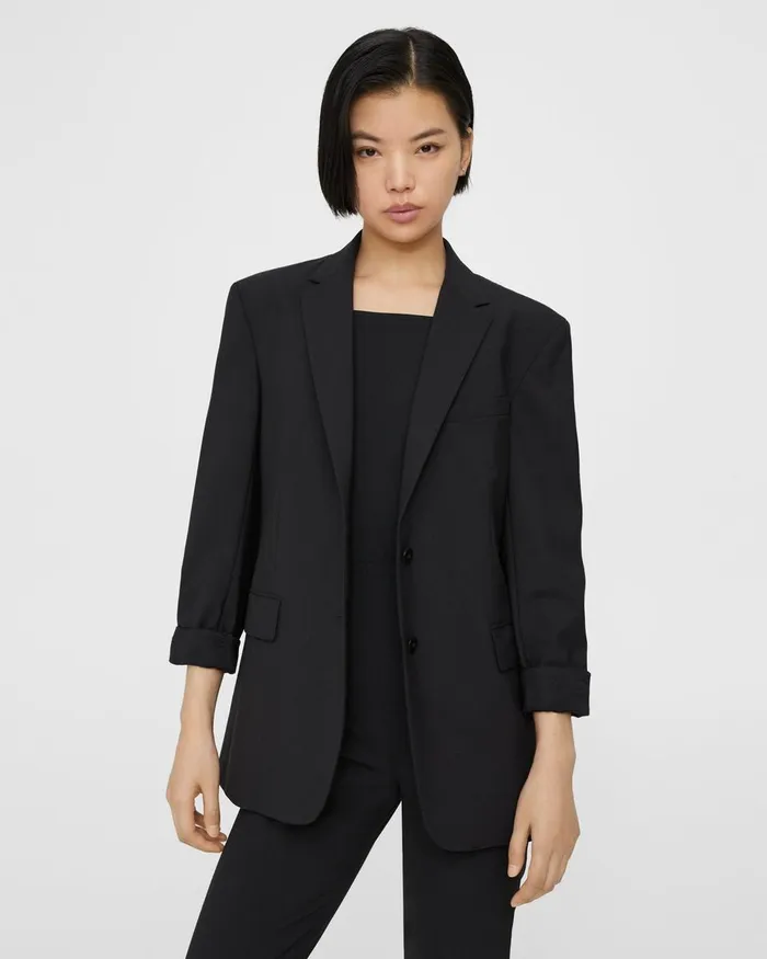 Women Theory Blazers Jackets Rolled Sleeve Boyfriend Jacket In Good Wool Black