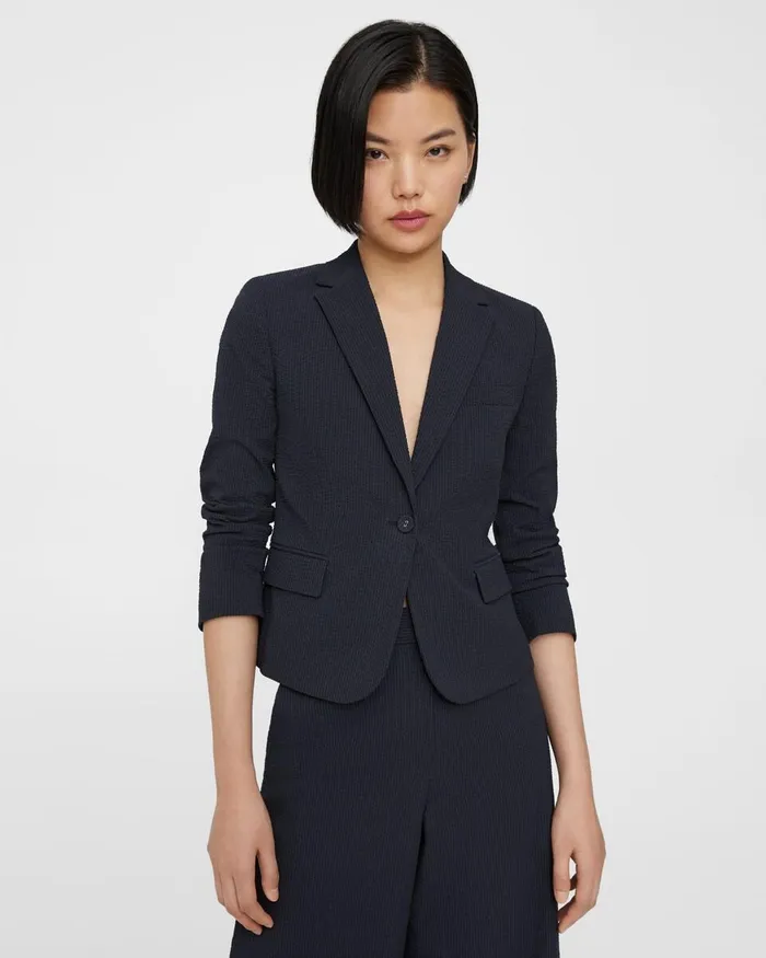 Women Theory Blazers Jackets Shrunken Blazer In Seersucker Navy