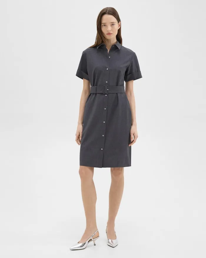 Women Theory Dresses Belted Shirt Dress In Good Wool Charcoal Melange