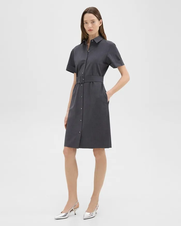 Women Theory Dresses Belted Shirt Dress In Good Wool Charcoal Melange