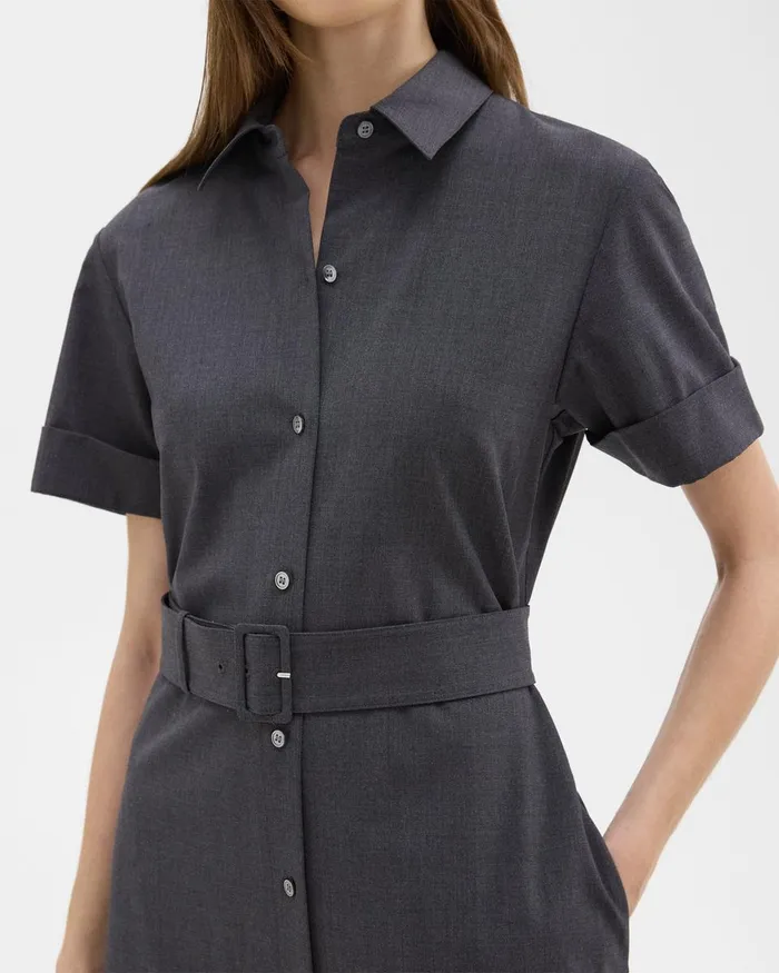 Women Theory Dresses Belted Shirt Dress In Good Wool Charcoal Melange