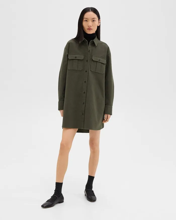 Women Theory Dresses Oversized Military Shirt Dress In Moleskin Twill Hunter Green