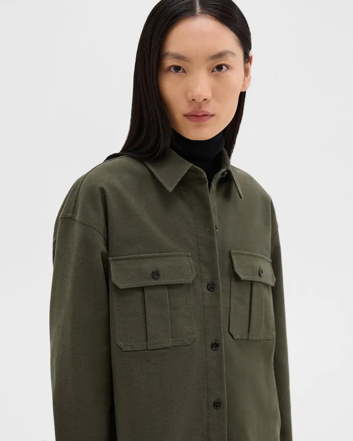 Women Theory Dresses Oversized Military Shirt Dress In Moleskin Twill Hunter Green
