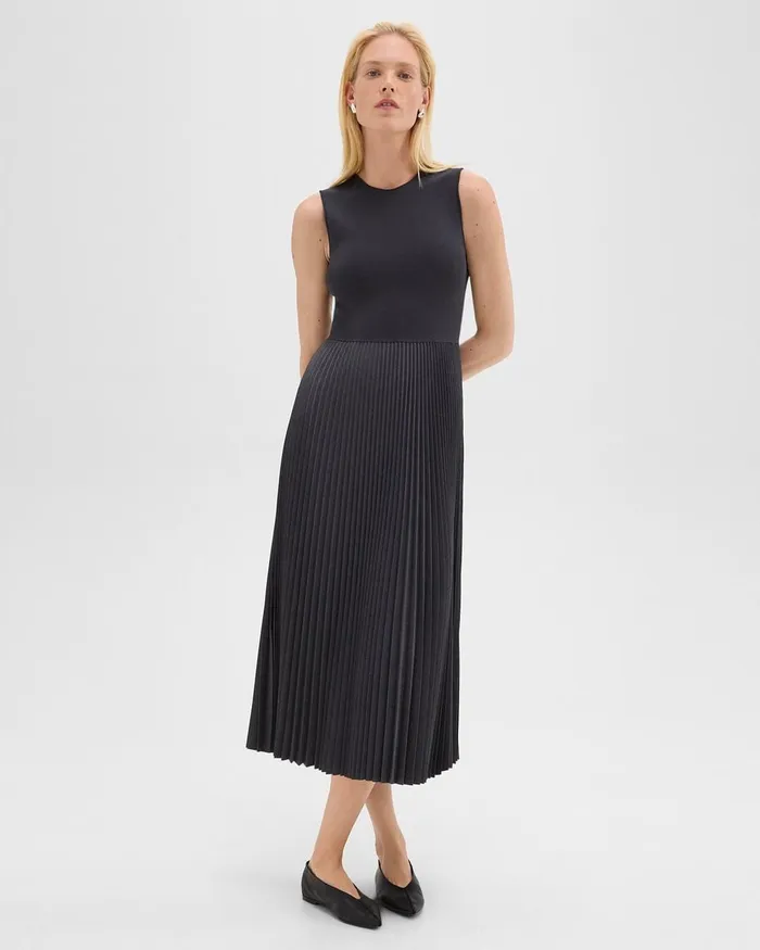 Women Theory Dresses Pleated Combo Dress In Stretch WoolBlend Charcoal Melange