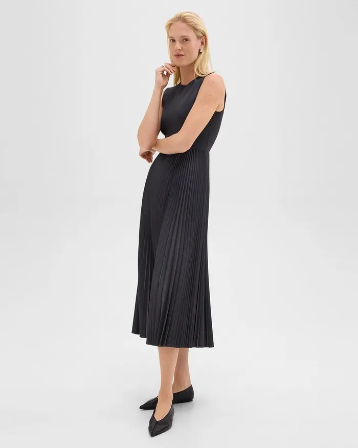 Women Theory Dresses Pleated Combo Dress In Stretch WoolBlend Charcoal Melange