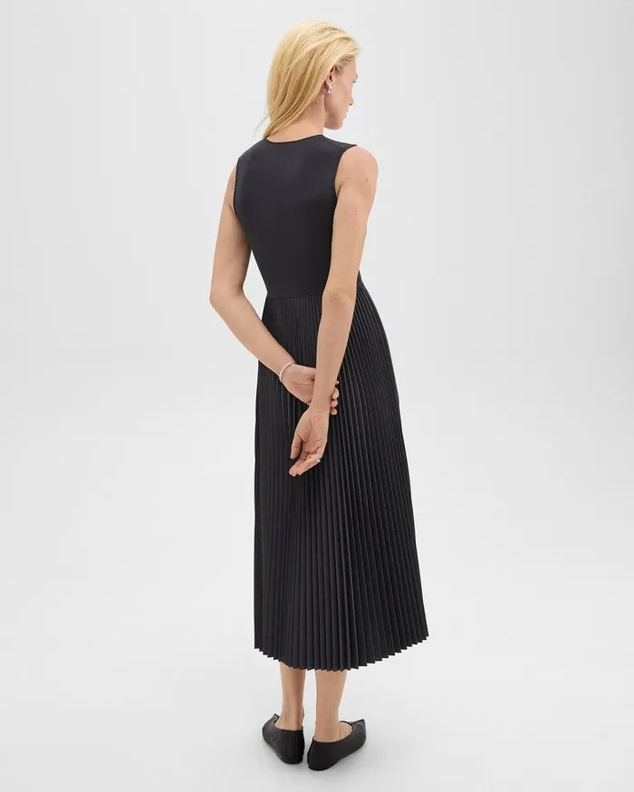 Women Theory Dresses Pleated Combo Dress In Stretch WoolBlend Charcoal Melange