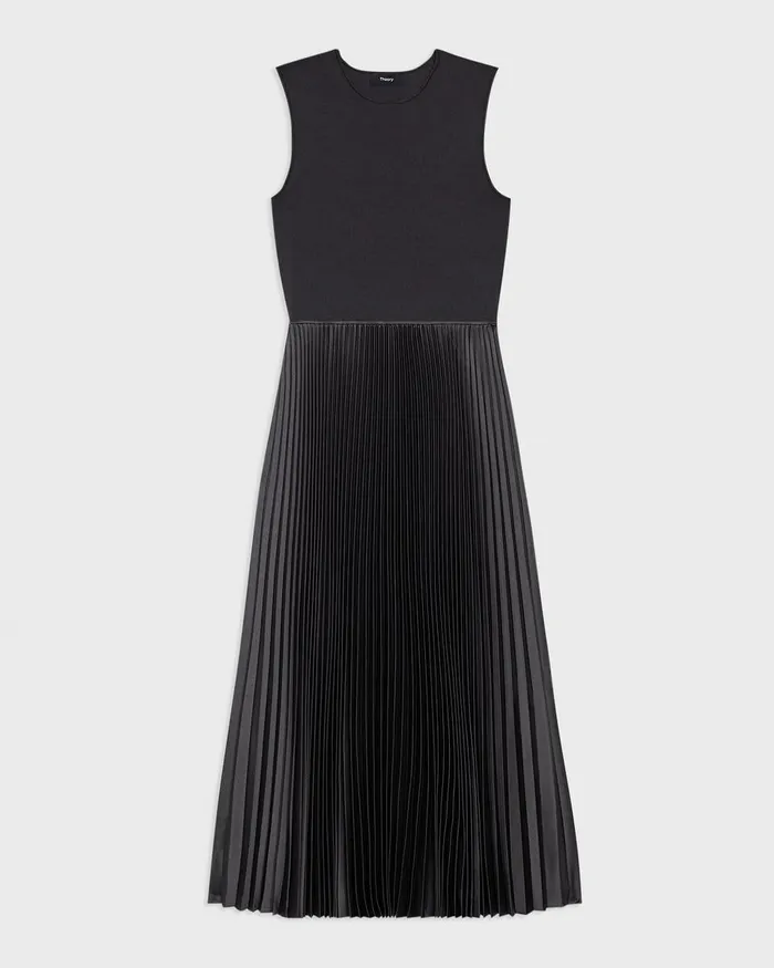 Women Theory Dresses Pleated Combo Dress In Stretch WoolBlend Charcoal Melange
