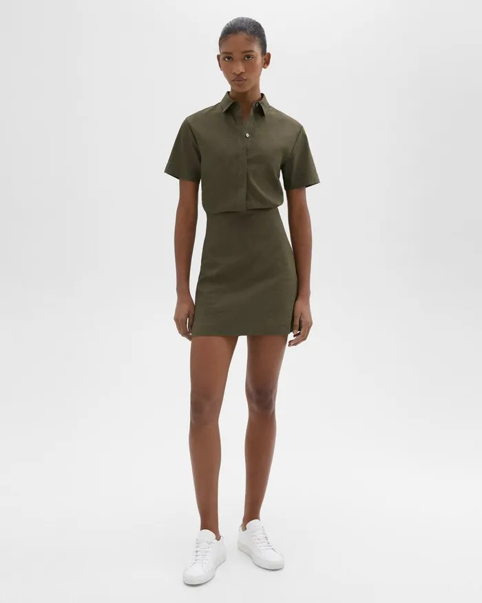Women Theory Dresses ShortSleeve ALine Dress In Good Linen Dark Olive