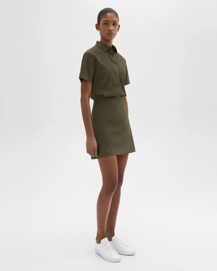 Women Theory Dresses ShortSleeve ALine Dress In Good Linen Dark Olive