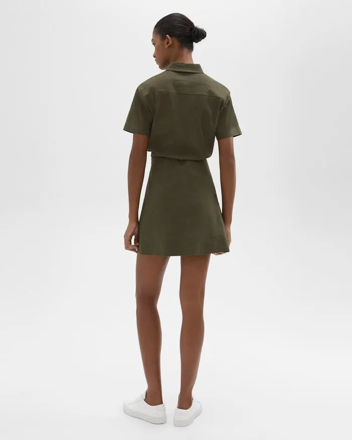 Women Theory Dresses ShortSleeve ALine Dress In Good Linen Dark Olive