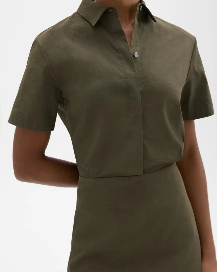 Women Theory Dresses ShortSleeve ALine Dress In Good Linen Dark Olive
