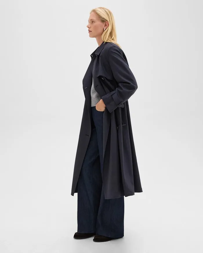 Women Theory Outerwear Relaxed Trench Coat In Stretch Flannel Dark Navy