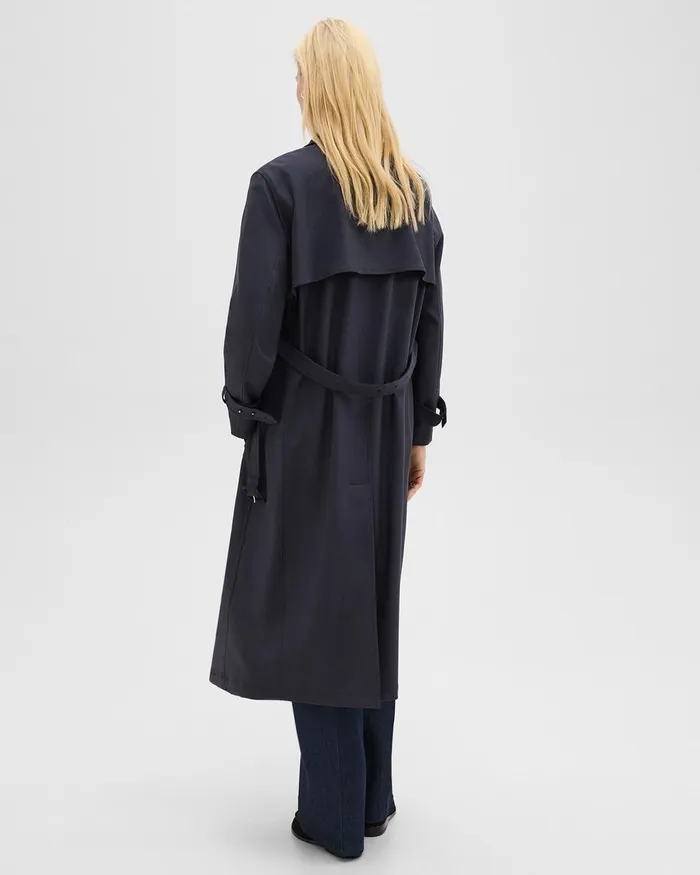 Women Theory Outerwear Relaxed Trench Coat In Stretch Flannel Dark Navy
