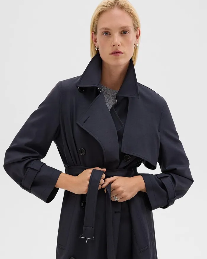 Women Theory Outerwear Relaxed Trench Coat In Stretch Flannel Dark Navy