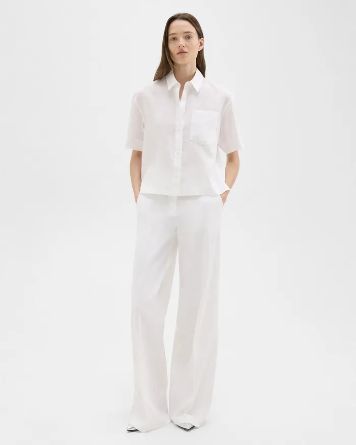 Women Theory Pants HighWaist WideLeg Pant In Good Linen White
