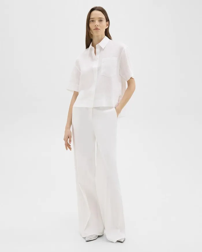 Women Theory Pants HighWaist WideLeg Pant In Good Linen White