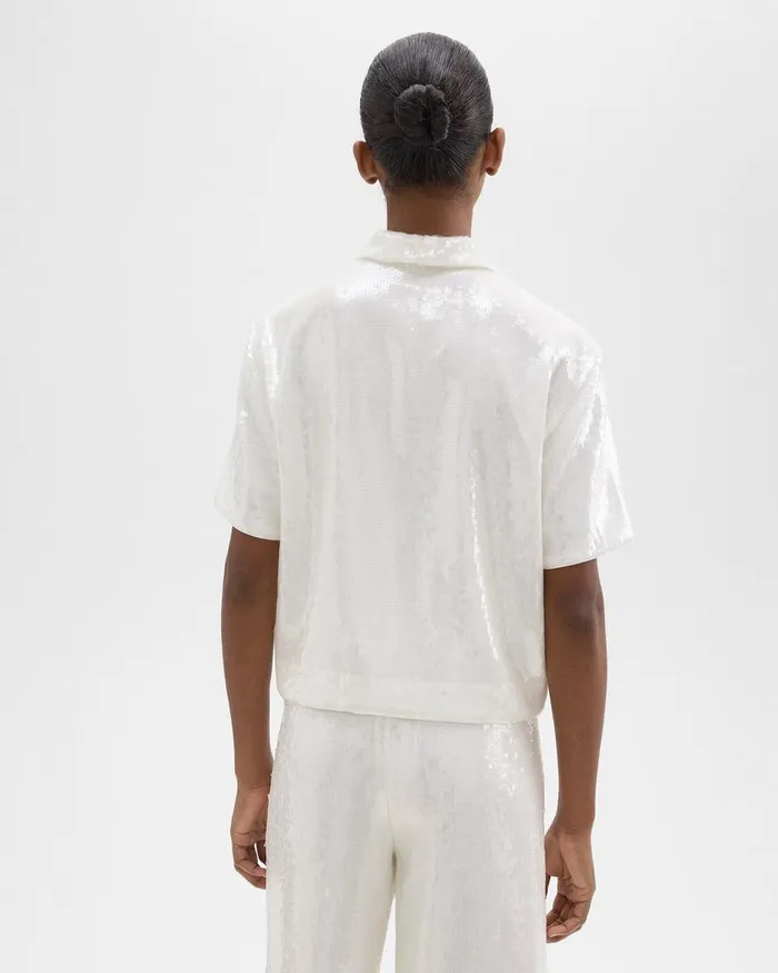 Women Theory Tops Cropped ShortSleeve Shirt In Recycled Sequins White