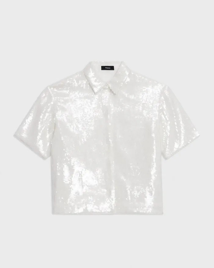Women Theory Tops Cropped ShortSleeve Shirt In Recycled Sequins White