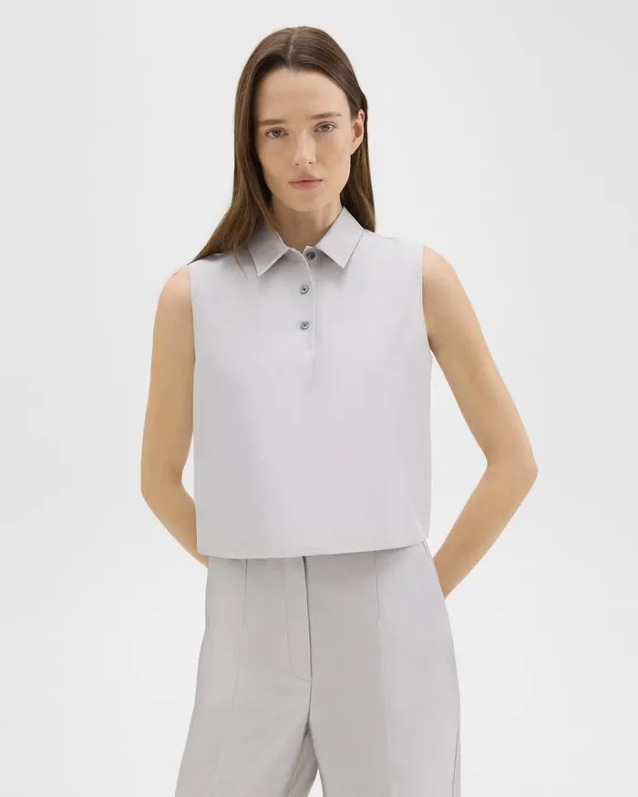 Women Theory Tops Cropped Sleeveless Polo In Metallic Silk Twill Ice Grey
