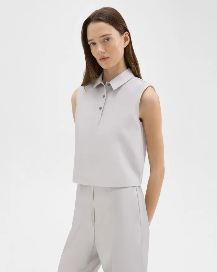 Women Theory Tops Cropped Sleeveless Polo In Metallic Silk Twill Ice Grey