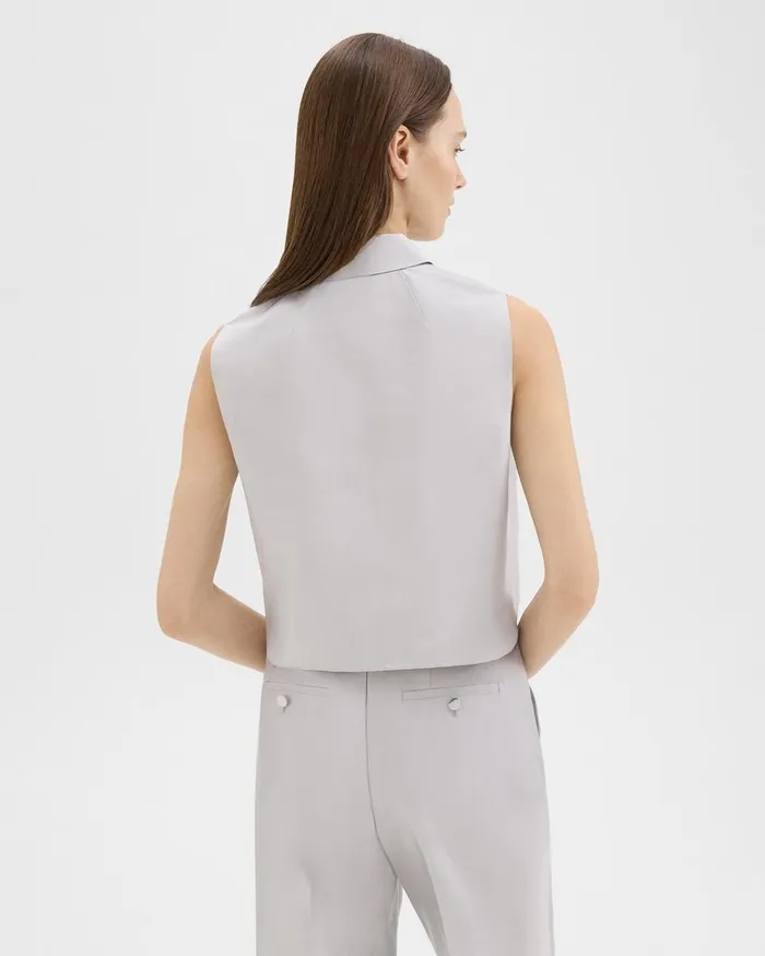 Women Theory Tops Cropped Sleeveless Polo In Metallic Silk Twill Ice Grey