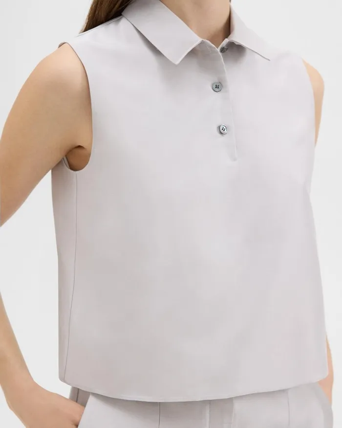 Women Theory Tops Cropped Sleeveless Polo In Metallic Silk Twill Ice Grey