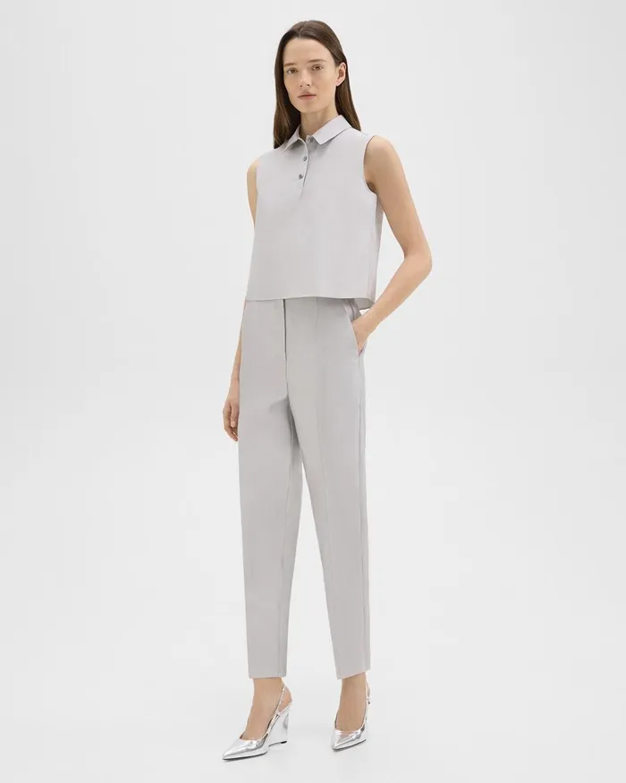 Women Theory Tops Cropped Sleeveless Polo In Metallic Silk Twill Ice Grey