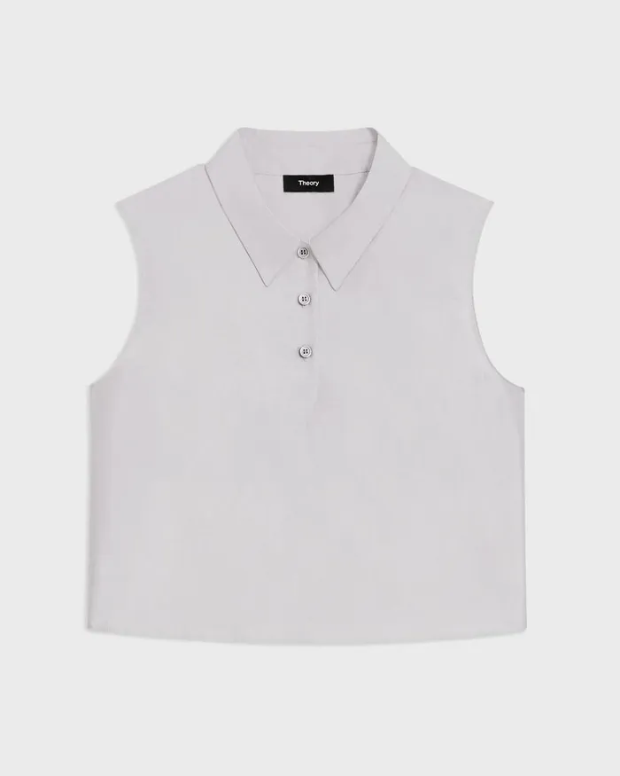 Women Theory Tops Cropped Sleeveless Polo In Metallic Silk Twill Ice Grey