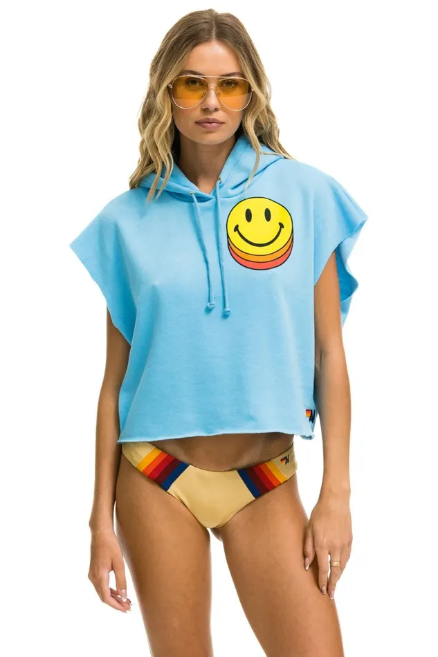 Women Tops Aviator Nation SMILEY SUNSET SLEEVELESS RELAXED CROPPED PULLOVER HOODIE 8211 SKY