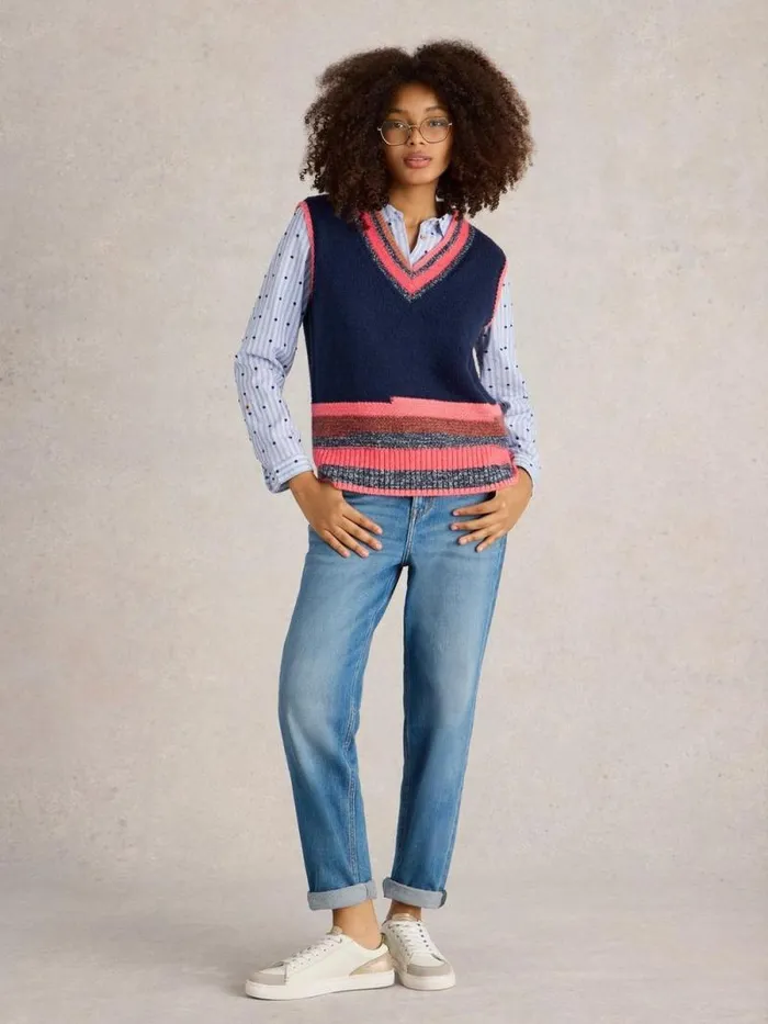 Women V NECK STRIPE TANK Navy Multi White Stuff Knitwear