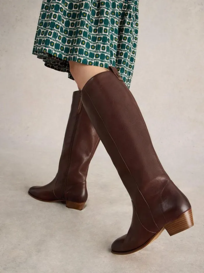 Women Willow Leather Knee High Boot Dark Brown White Stuff Boots