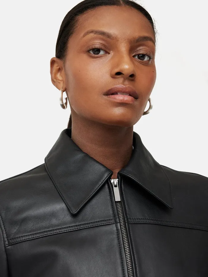 Women Zip Front Leather Biker Jacket Black Jigsaw Coats and Jackets