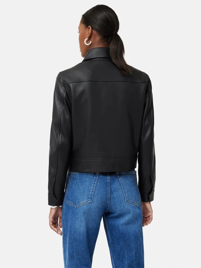 Women Zip Front Leather Biker Jacket Black Jigsaw Coats and Jackets