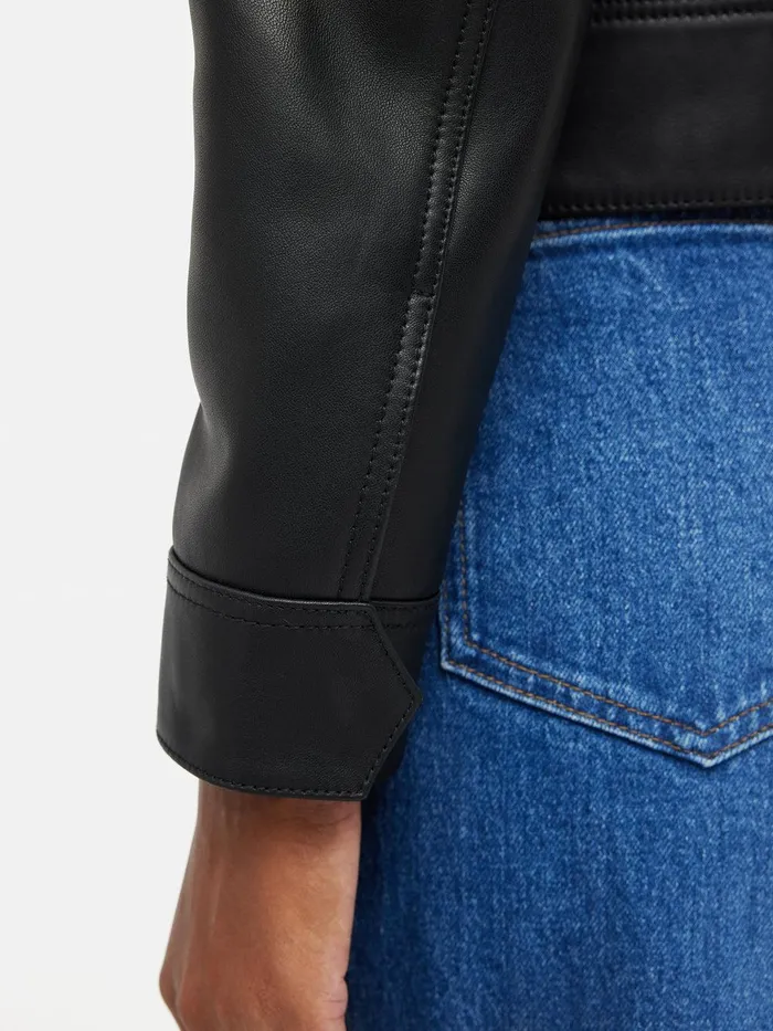 Women Zip Front Leather Biker Jacket Black Jigsaw Coats and Jackets